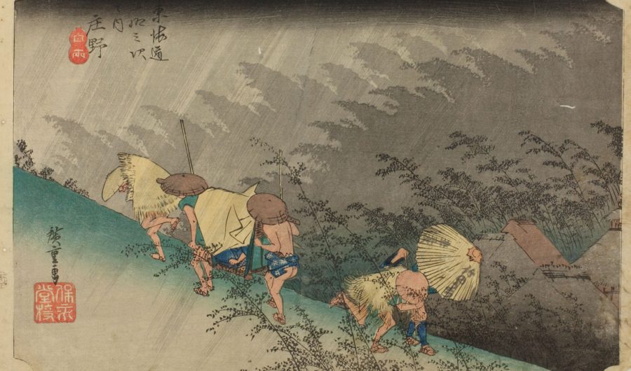 歌川広重『東海道五拾三次』より「庄野　白雨」木版（多色）、1833～36年